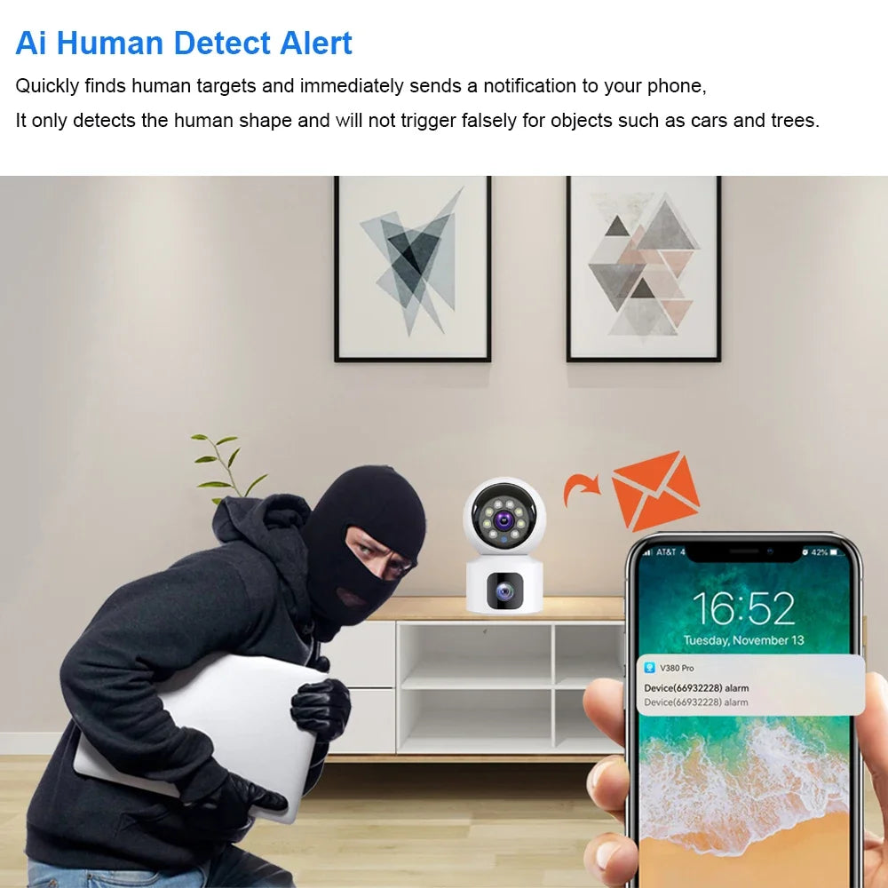 4G SIM IP WIFI Camera 8MP Wireless Dual Lens Night Vision Indoor Baby Monitor Human Detect Video Camara CCTV Security V380 Pro