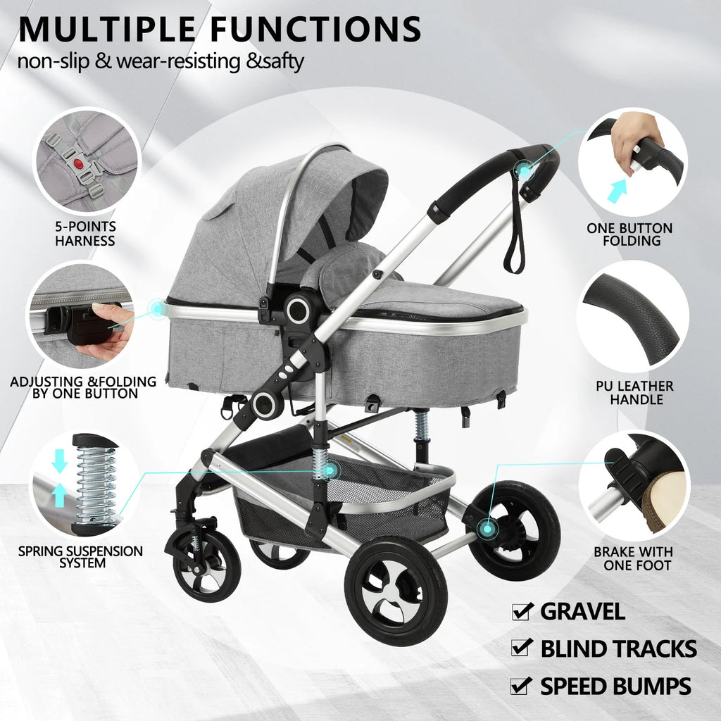 3-In-1 Convertible Baby Stroller with Big Seat and Adjustable Canopy, 24 Pound, Light Grey