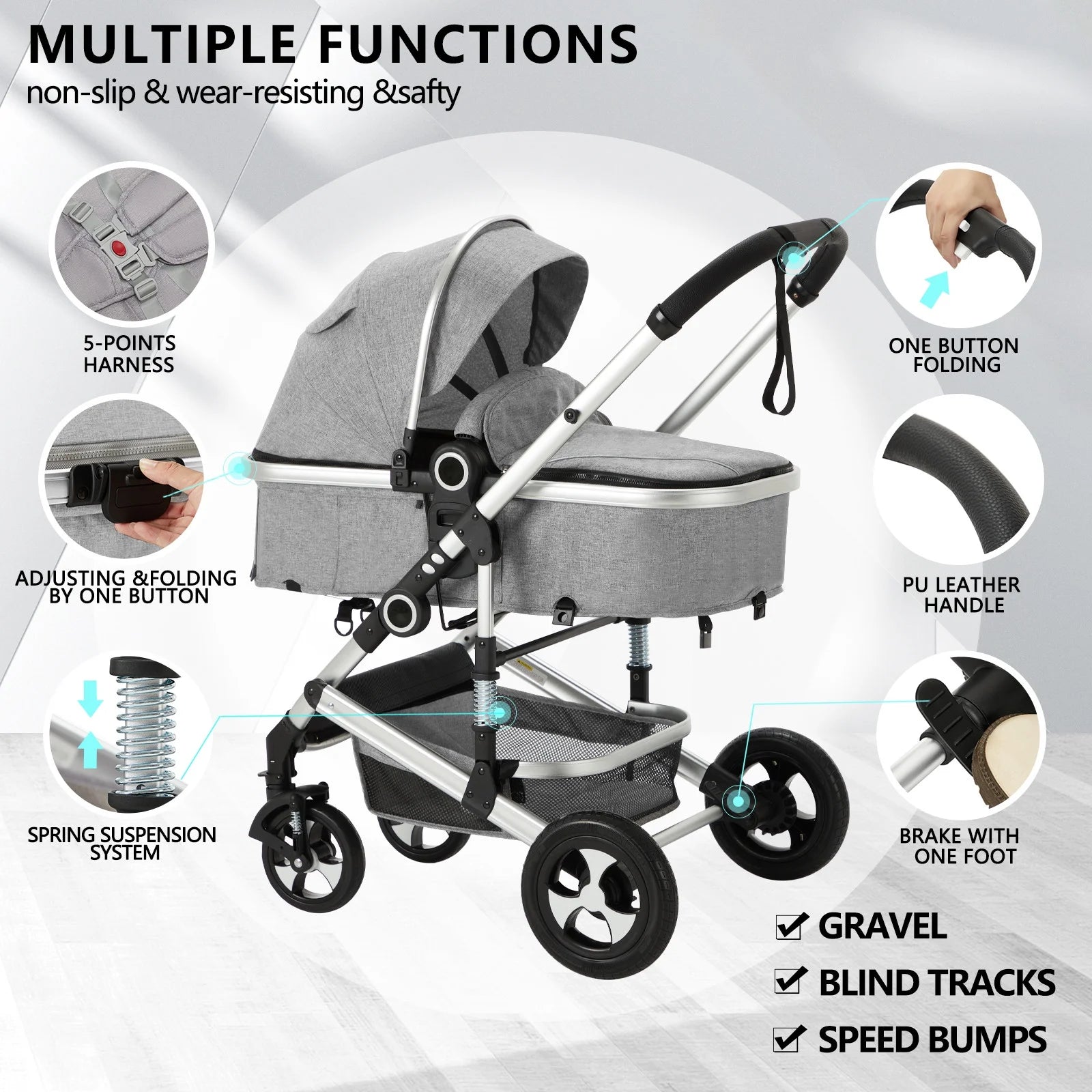 3-In-1 Convertible Baby Stroller with Big Seat and Adjustable Canopy, 24 Pound, Light Grey