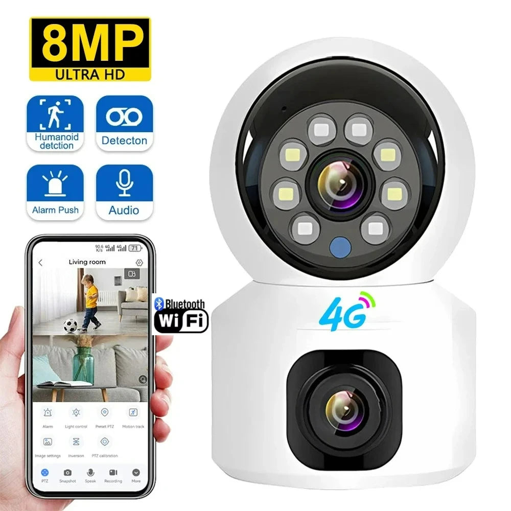 4G SIM IP WIFI Camera 8MP Wireless Dual Lens Night Vision Indoor Baby Monitor Human Detect Video Camara CCTV Security V380 Pro